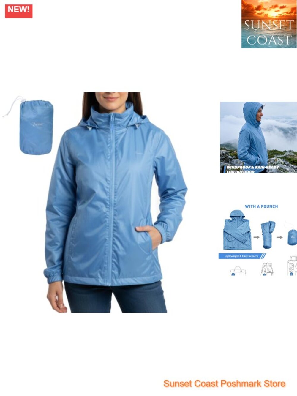 Packable Waterproof Lightweight Nylon Rain Jacket Hooded Raincoat